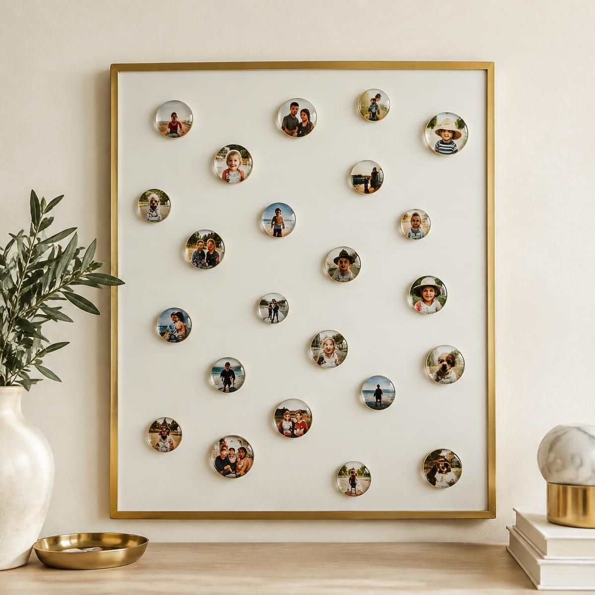 Tableau aimanté doré couvert de magnets photo